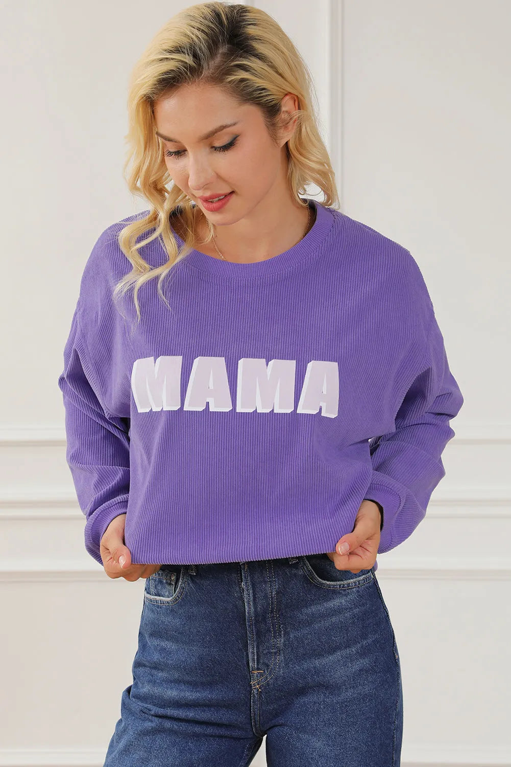 Purple MAMA Ribbed Crew Neck Pullover Sweatshirt - Chic Meadow Boutique 