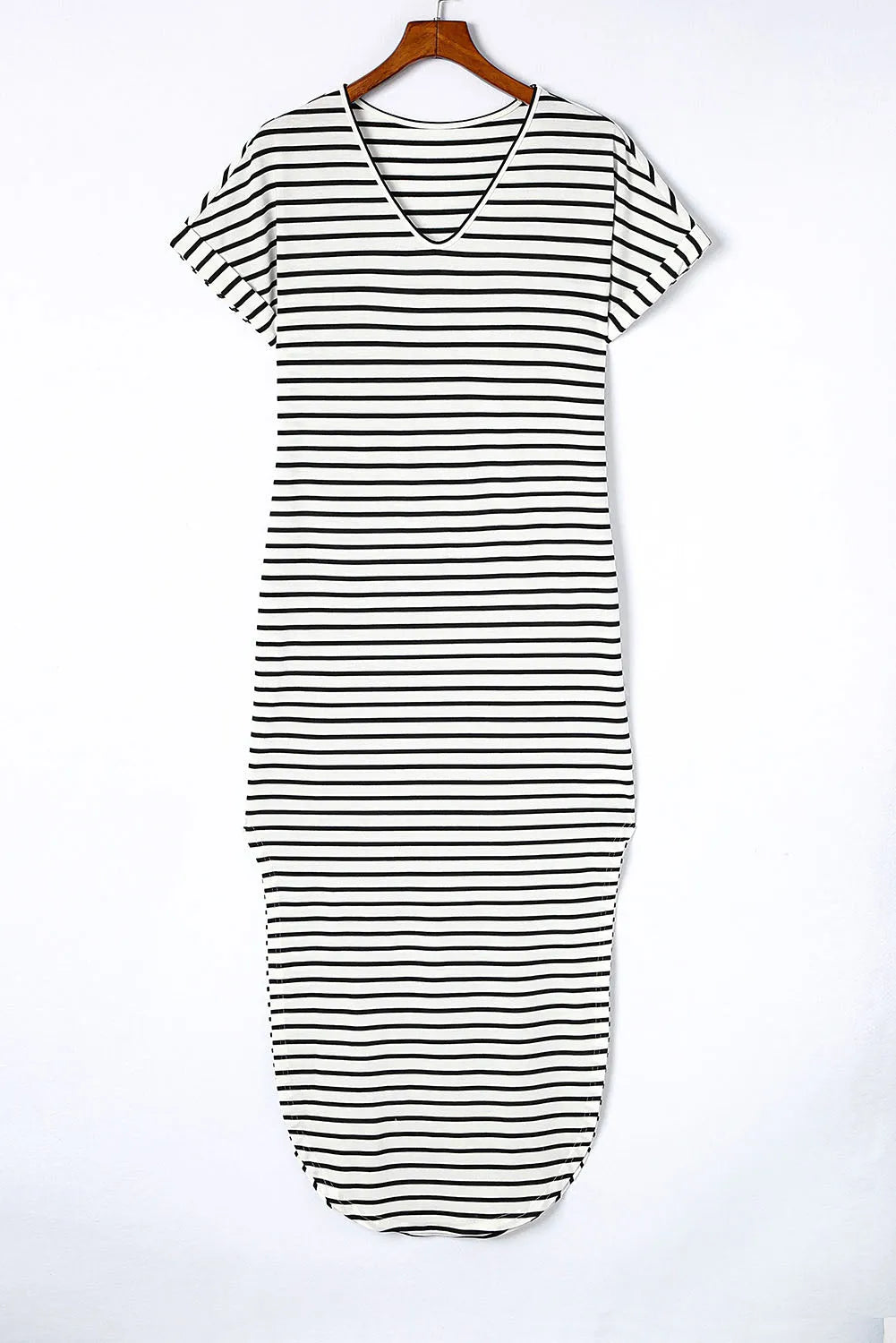 Black Striped Print Side Split Short Sleeve V Neck Maxi Dress - Chic Meadow Boutique 