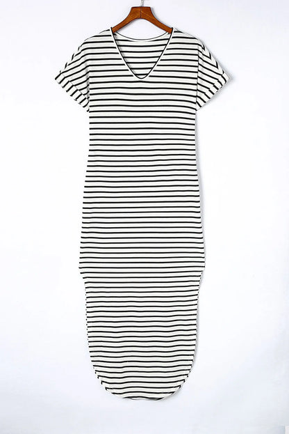 Black Striped Print Side Split Short Sleeve V Neck Maxi Dress - Chic Meadow Boutique 