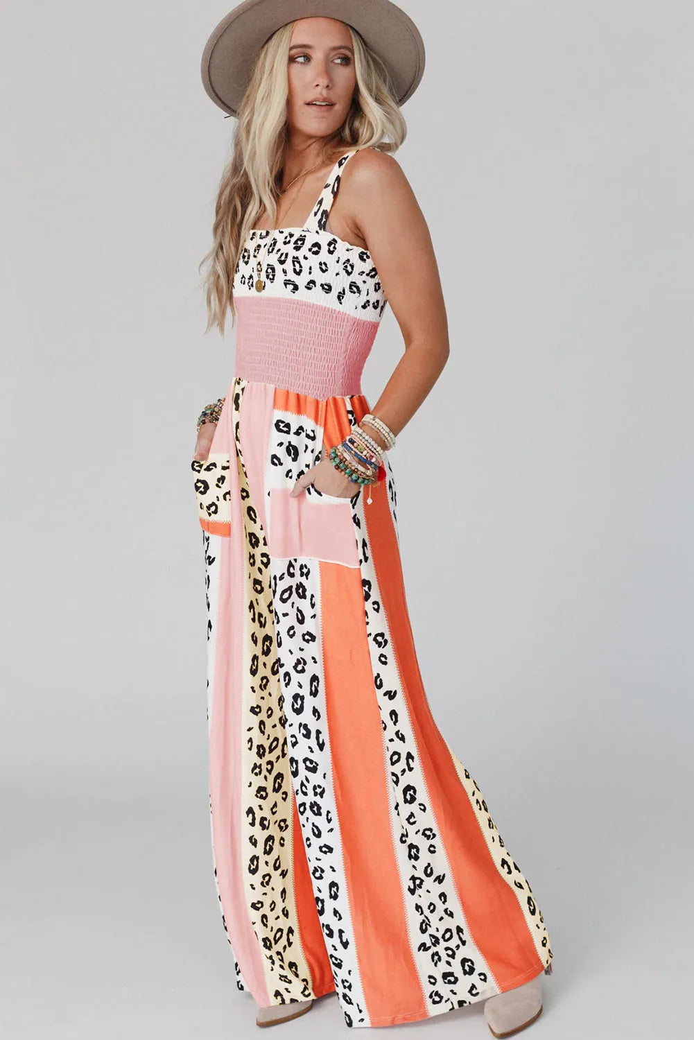 Pink Leopard Color Block Mix Print Pocketed Jumpsuit - Chic Meadow Boutique 