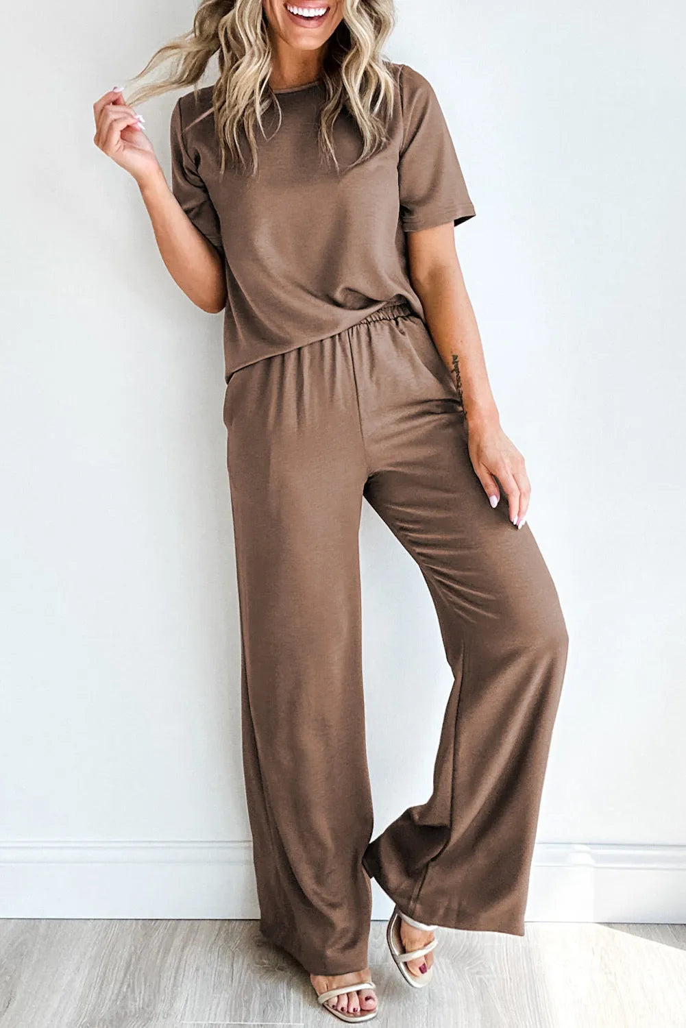 Smoke Gray Solid Color T Shirt 2pcs Wide Leg Pants Set - Chic Meadow Boutique 