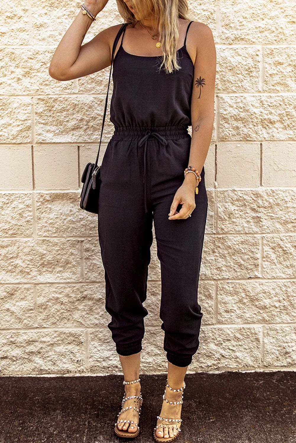 Black Drawstring Waist Spaghetti Straps Jumpsuit - Chic Meadow Boutique 