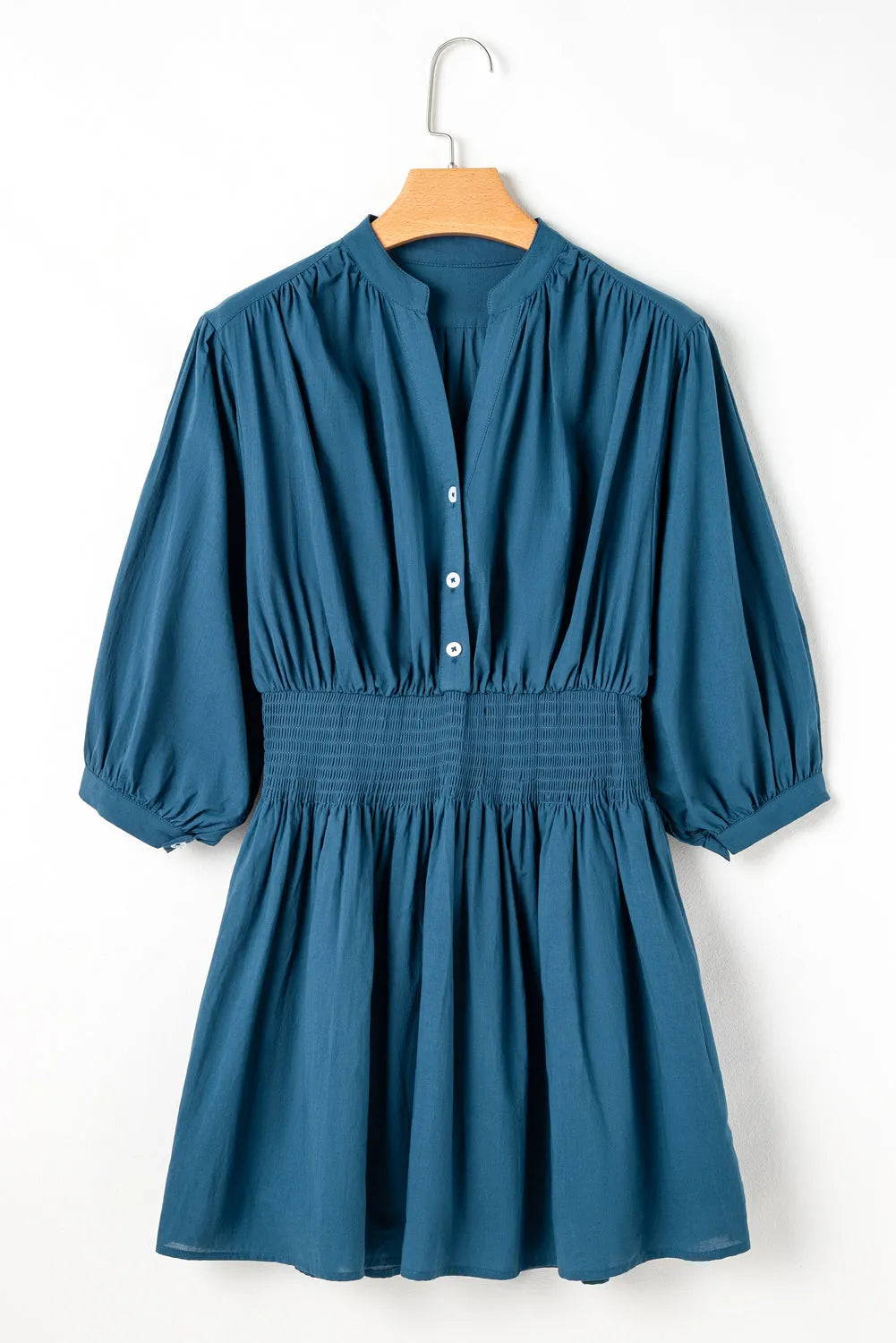 Prussian Blue 3/4 Sleeve Shirred High Waist Buttoned Mini Dress - Chic Meadow Boutique 