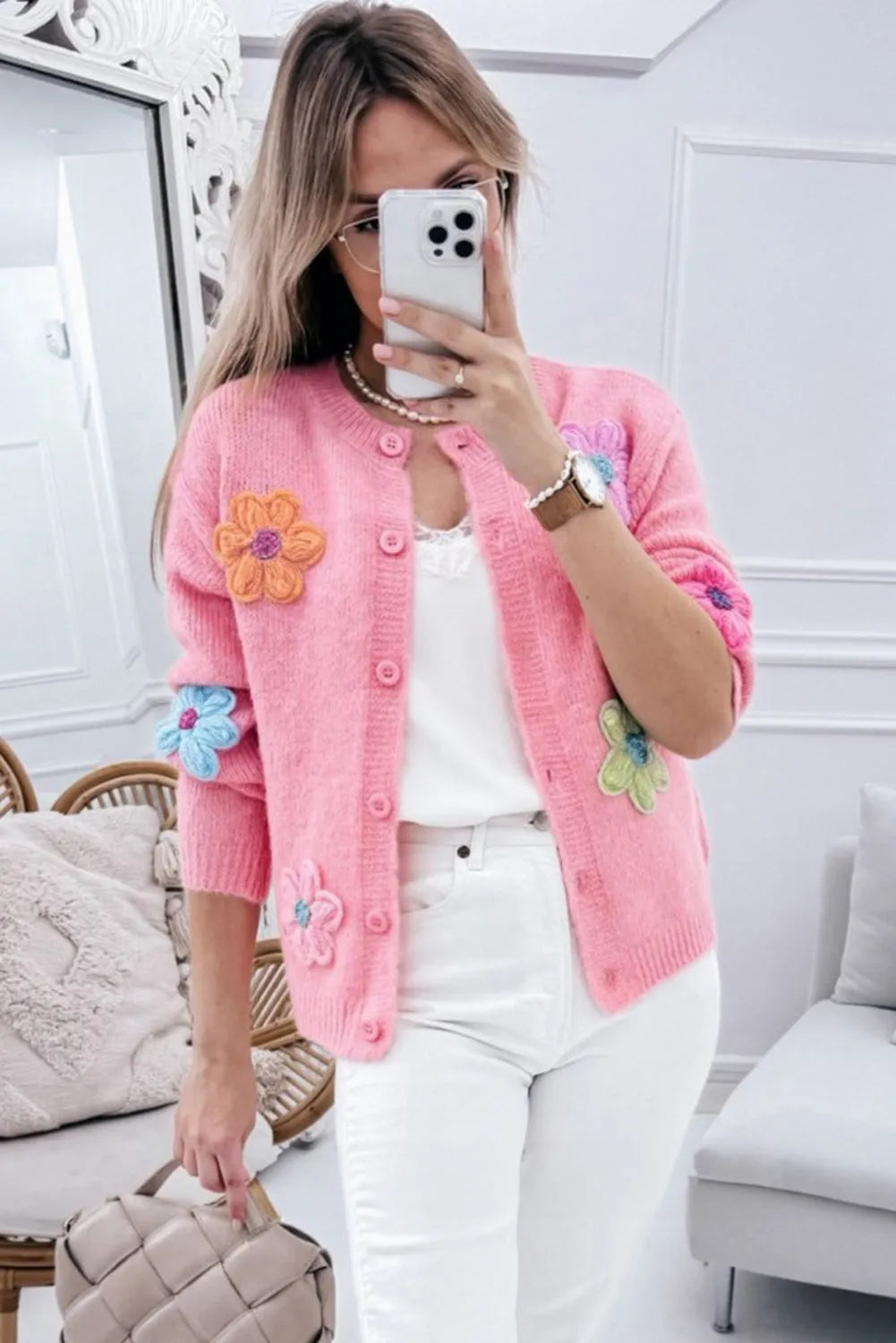 Pink Cute Knitted Floral Pattern Button Up Cardigan - Chic Meadow Boutique 