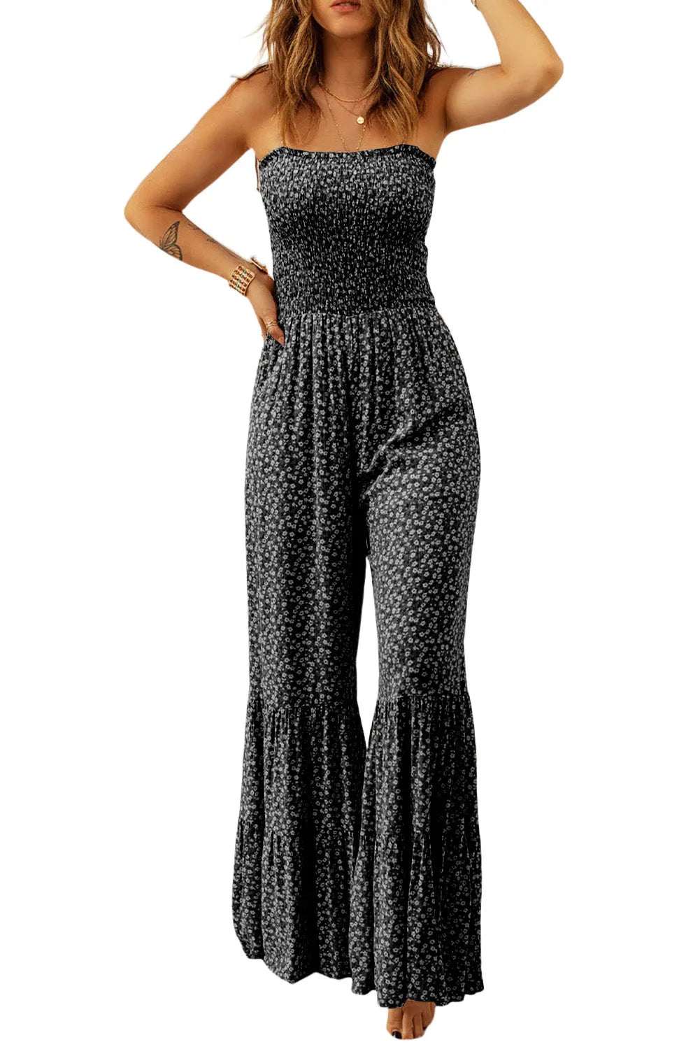 Black Thin Straps Smocked Bodice Wide Leg Floral Jumpsuit - Chic Meadow Boutique 