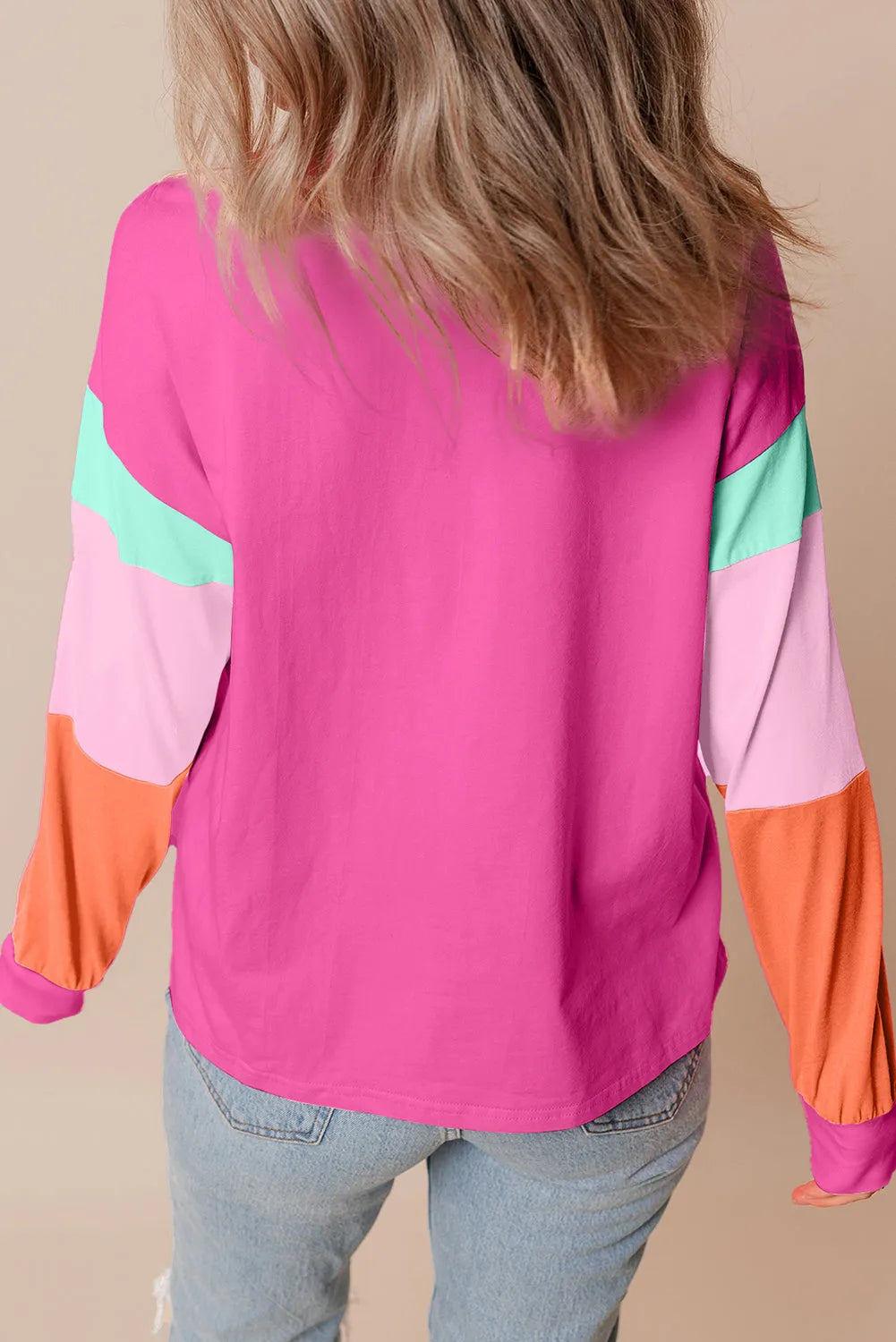 Rose Red Colorblock Patchwork Long Sleeve Loose Top - Chic Meadow Boutique 