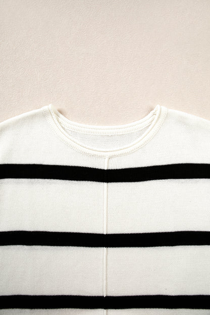 White Stripe Knit Western Short Sleeve Sweater