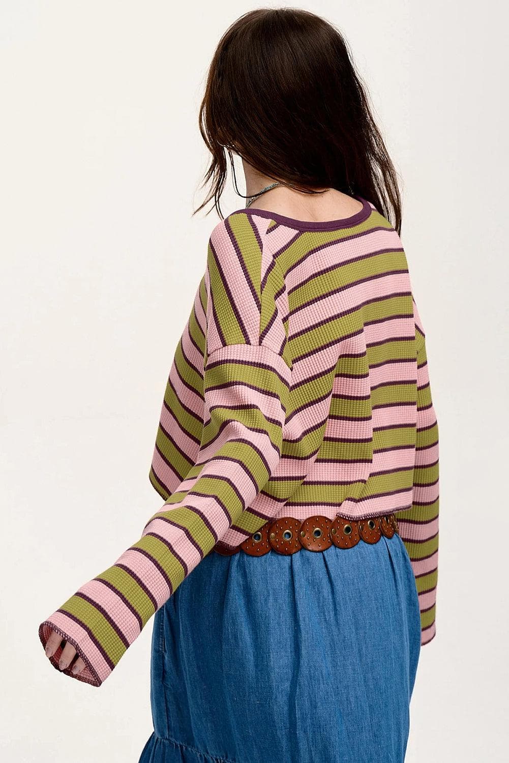 Tops/Long Sleeve Tops Spinach Green Clashing Stripes Waffle Texture Notched Neck Long Sleeve Top