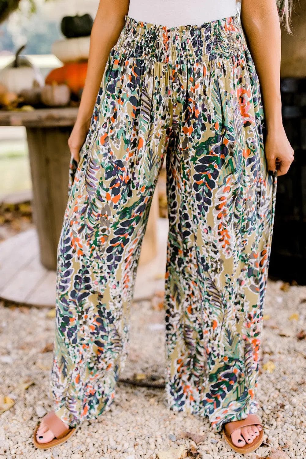 Bottoms/Pants & Culotte Multicolor Floral Print Shirred High Waist Wide Leg Casual Pants