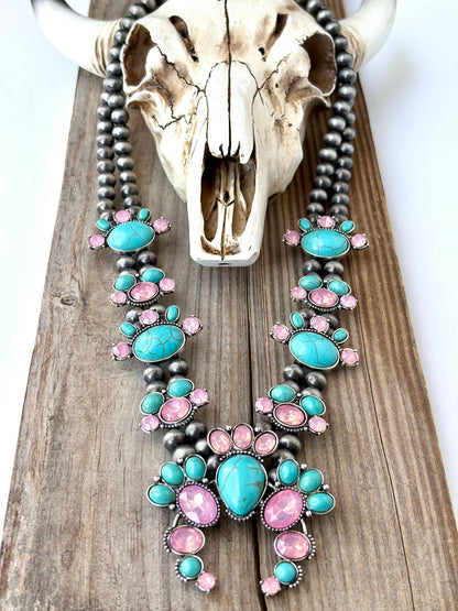 Western Squash Blossom Stone Pendant Navajo Pearl Necklace