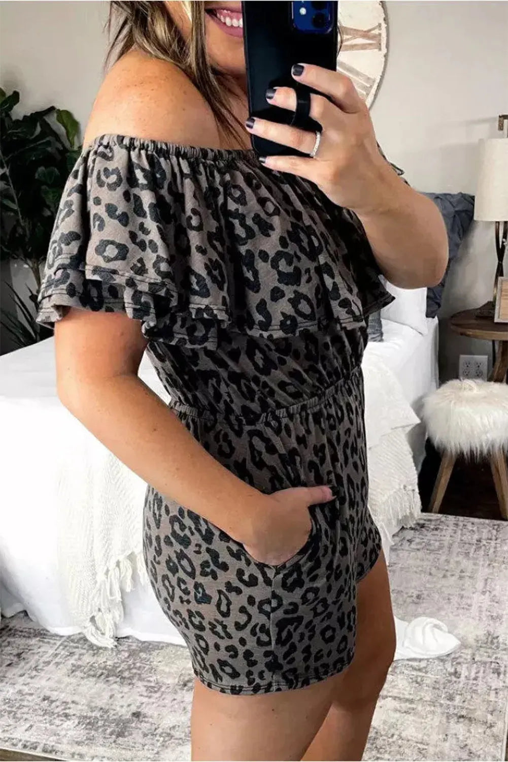 Leopard Off-Shoulder Romper with Pockets - Chic Meadow Boutique 