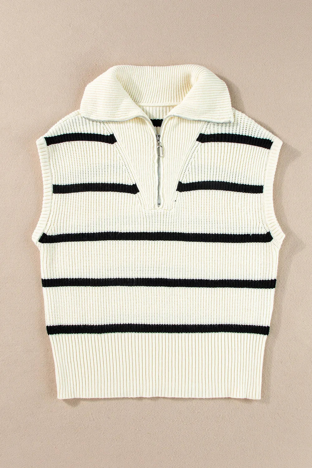 White Stripe Zipped Collar Cap Sleeve Knit Top - Chic Meadow Boutique 