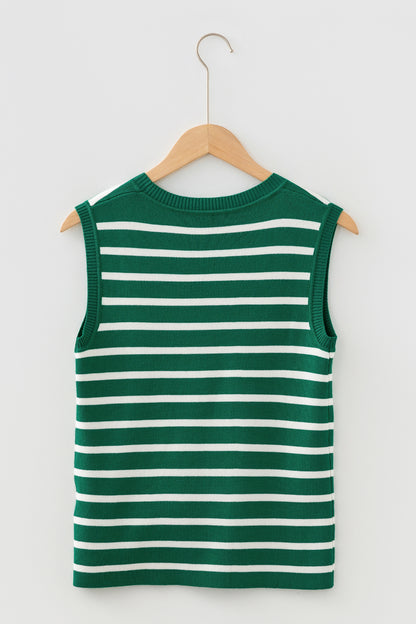 Green Stripe Crew Neck Sleeveless Sweater Vest
