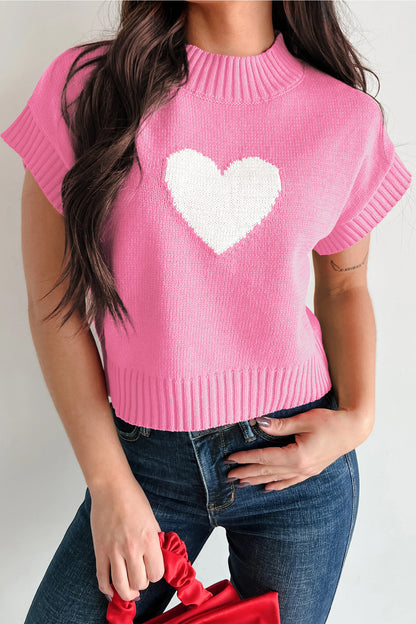Pink Valentine Heart Graphic Cropped Short Sleeve Sweater