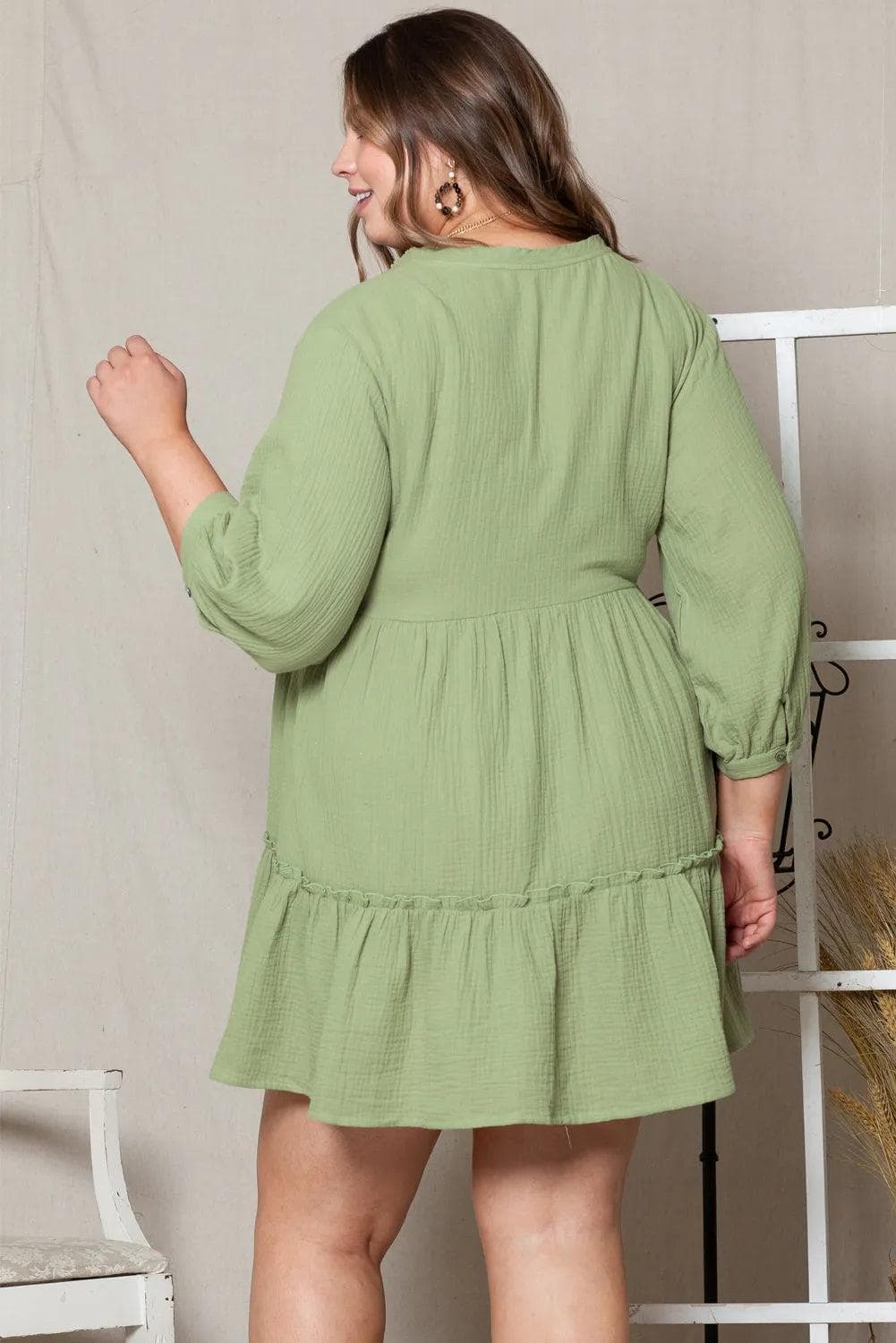 Plus Size/Plus Size Dresses/Plus Size Mini Dresses Green Textured Ruffled Buttoned V Neck Plus Size Mini Dress