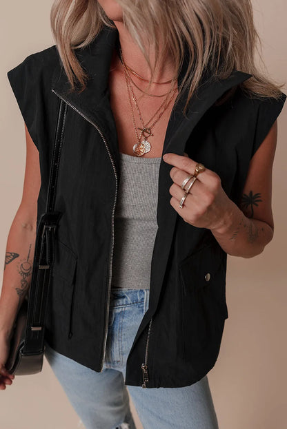 Black Flap Pockets Zip Up High Neck Vest - Chic Meadow Boutique 