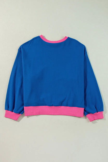 Sky Blue Color Block Edge Balloon Sleeve Plus Size Sweatshirt - Chic Meadow Boutique 