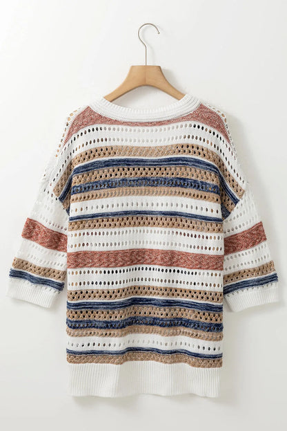 Multicolour Striped Hollow Out Half Sleeve Knitted Sweater - Chic Meadow Boutique 