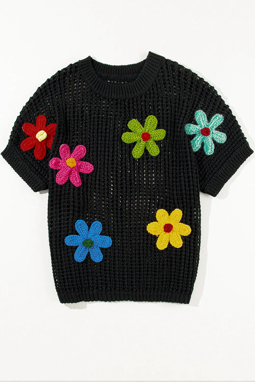 Black Crochet Flower Hollow-out Sweater T Shirt - Chic Meadow Boutique 