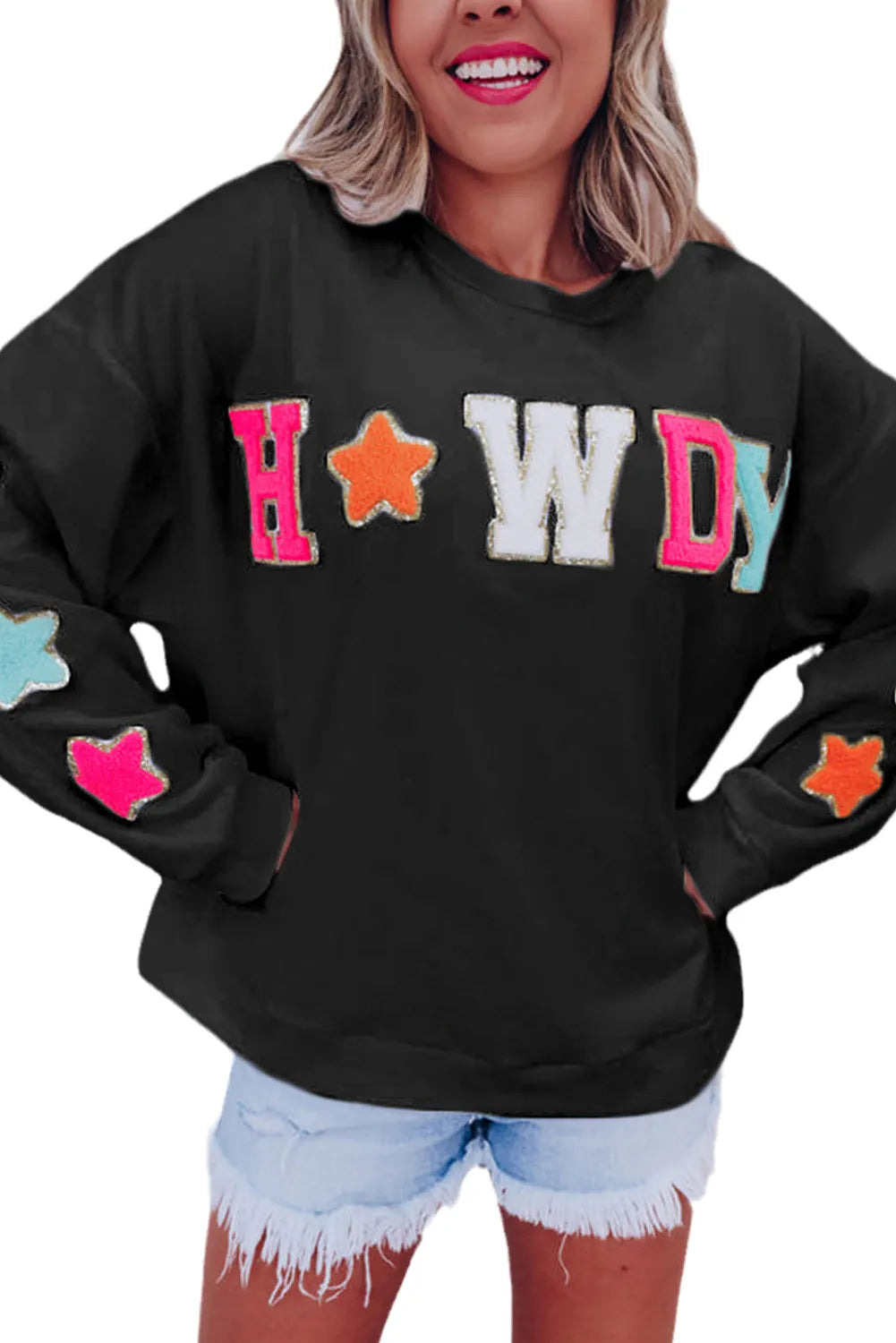 Black Howdy Glitter Chenille Patch Graphic Casual Sweatshirt - Chic Meadow Boutique 