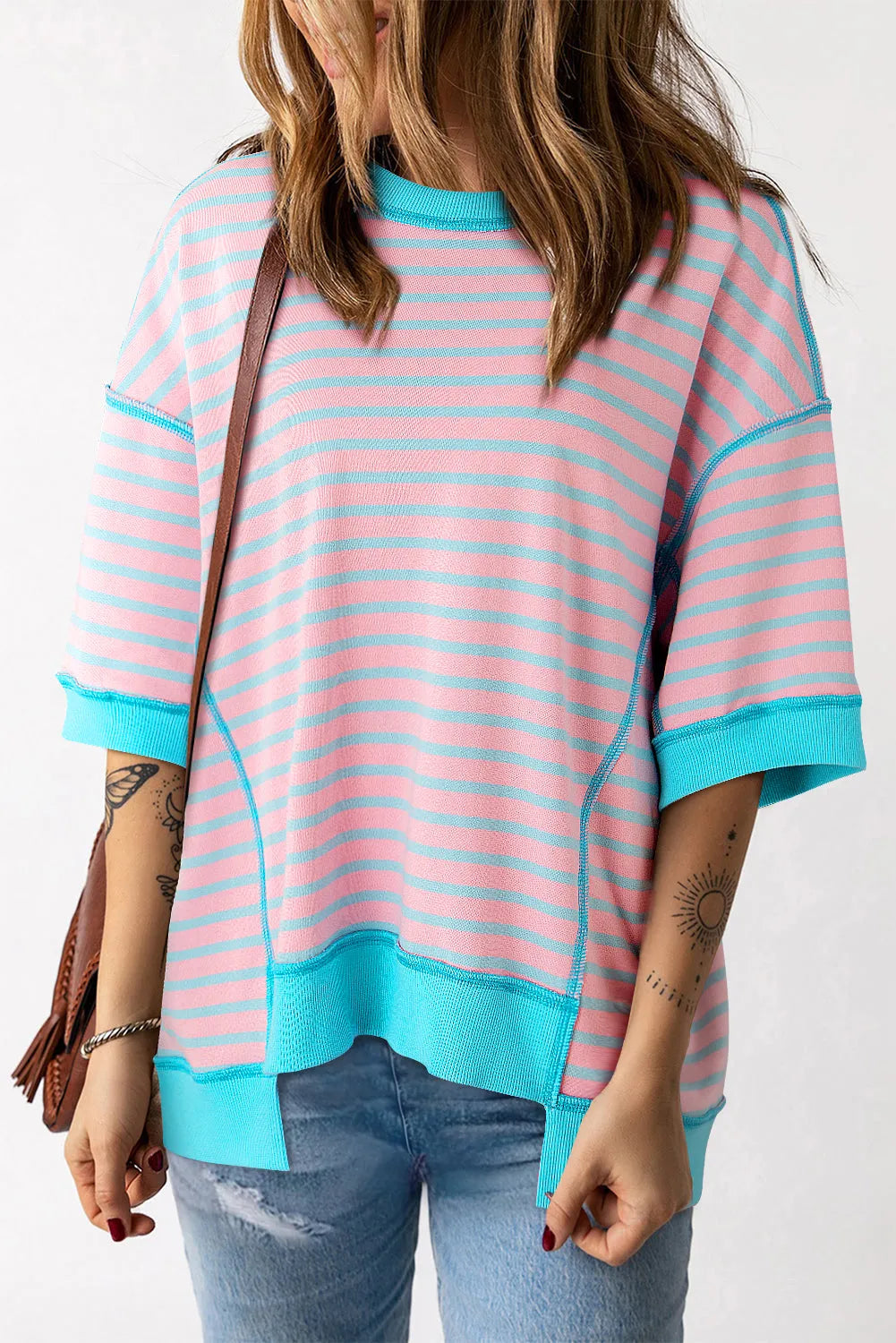 Pink Stripe Oversized Contrast Trim Exposed Seam High Low T Shirt - Chic Meadow Boutique 