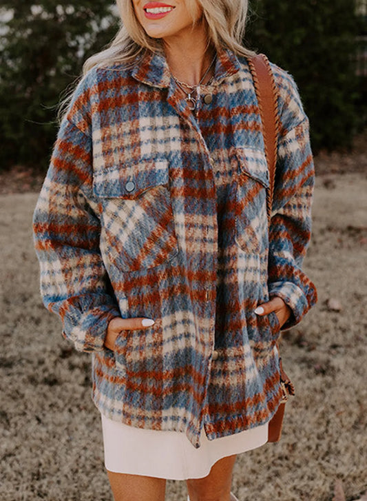 Cinnamon Plaid Print Chest Pockets Turn Down Collar Shacket - Chic Meadow Boutique 