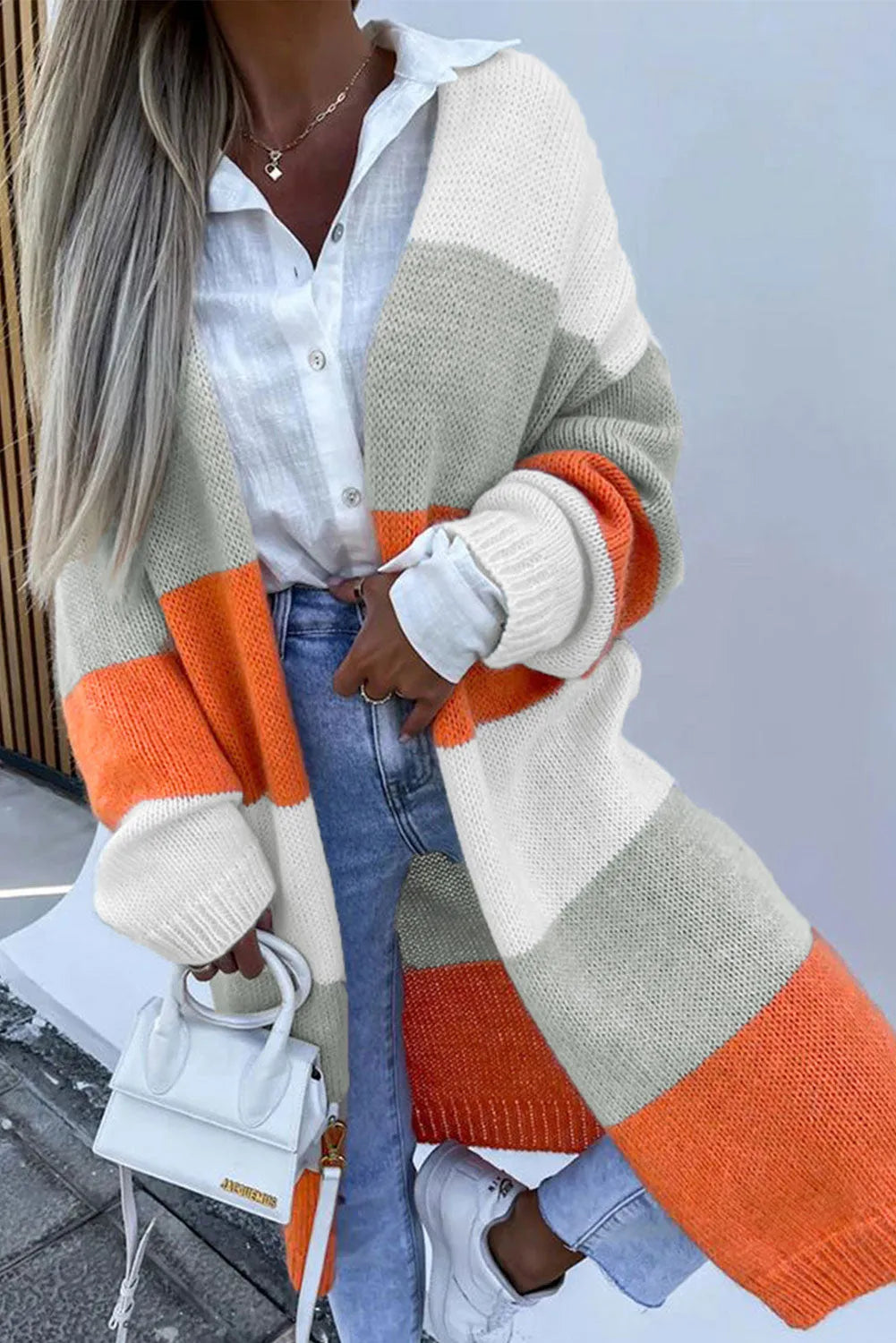 Orange Striped Color Block Drop Shoulder Midi Cardigan - Chic Meadow Boutique 