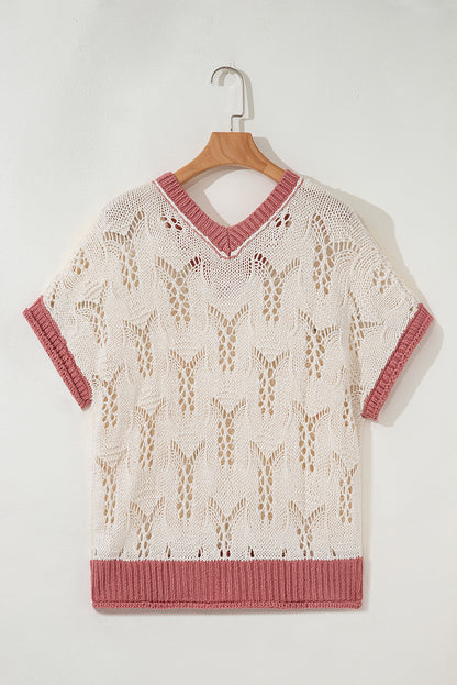 Delicacy Embroidered Flowers Colorblock Edge Hollowed Sweater