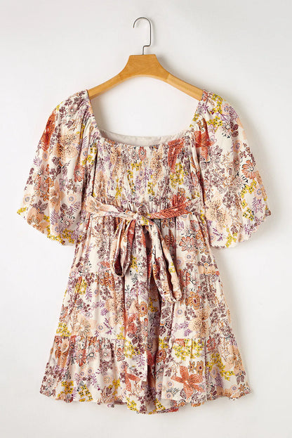 Khaki Floral Short Sleeve Square Neck Mini Dress - Chic Meadow Boutique 