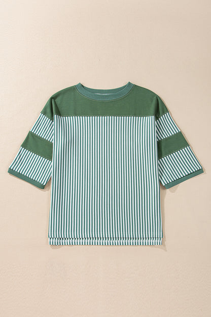 Mist Green Striped Patchwork 3/4 Sleeve Oversize Top