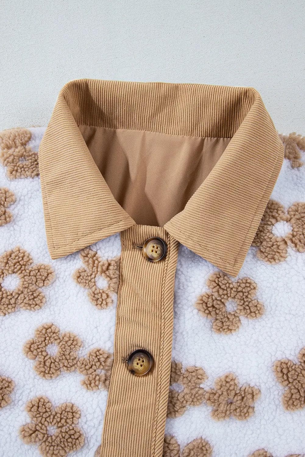 Outerwear/Jackets Light French Beige Cute Flower Pattern Button Up Fleece Jacket