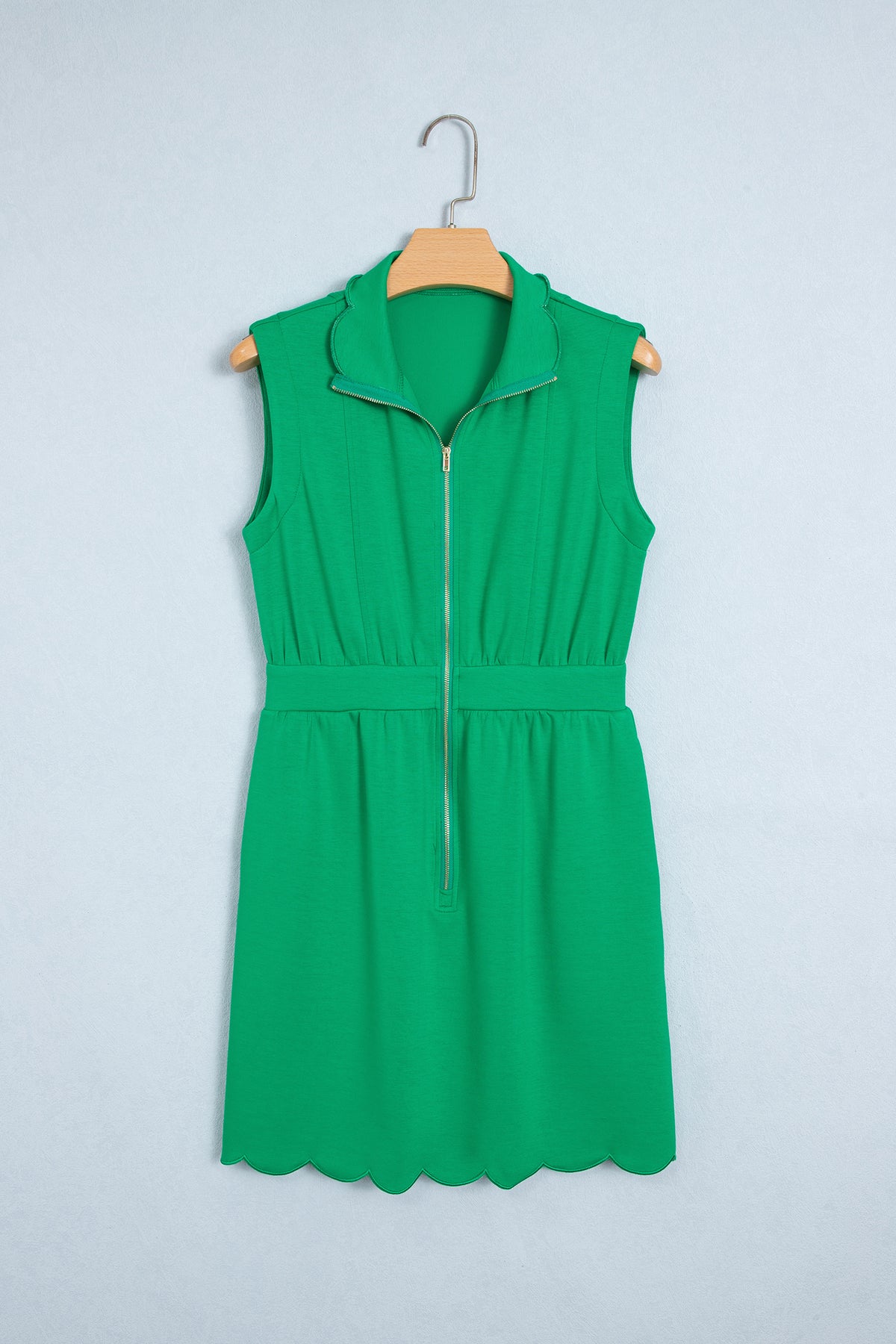 Bright Green Sleeveless Zip Front Scallop Hem Mini Dress