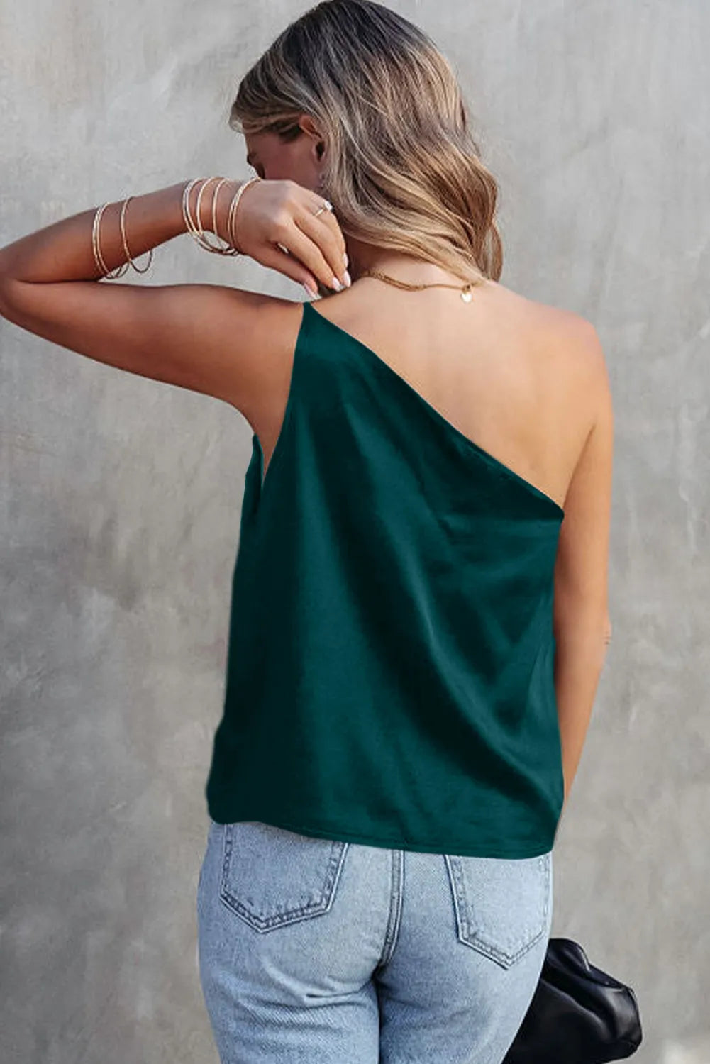 Sea Green Satin One Shoulder Loose Tank Top - Chic Meadow Boutique 