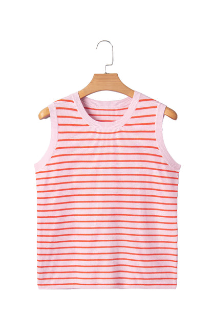 Pink Stripe Textured Knit Sleeveless Casual Sweater Top