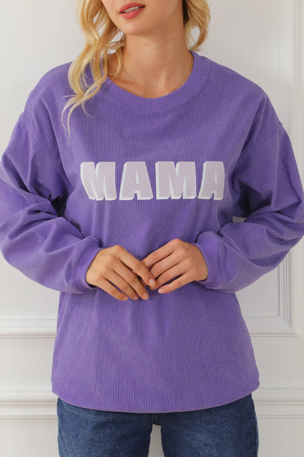 Purple MAMA Ribbed Crew Neck Pullover Sweatshirt - Chic Meadow Boutique 