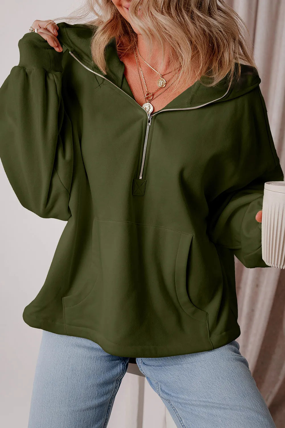 Moss Green Fleece Lined Half Zipper Kangaroo Pockets Loose Hoodie - Chic Meadow Boutique 