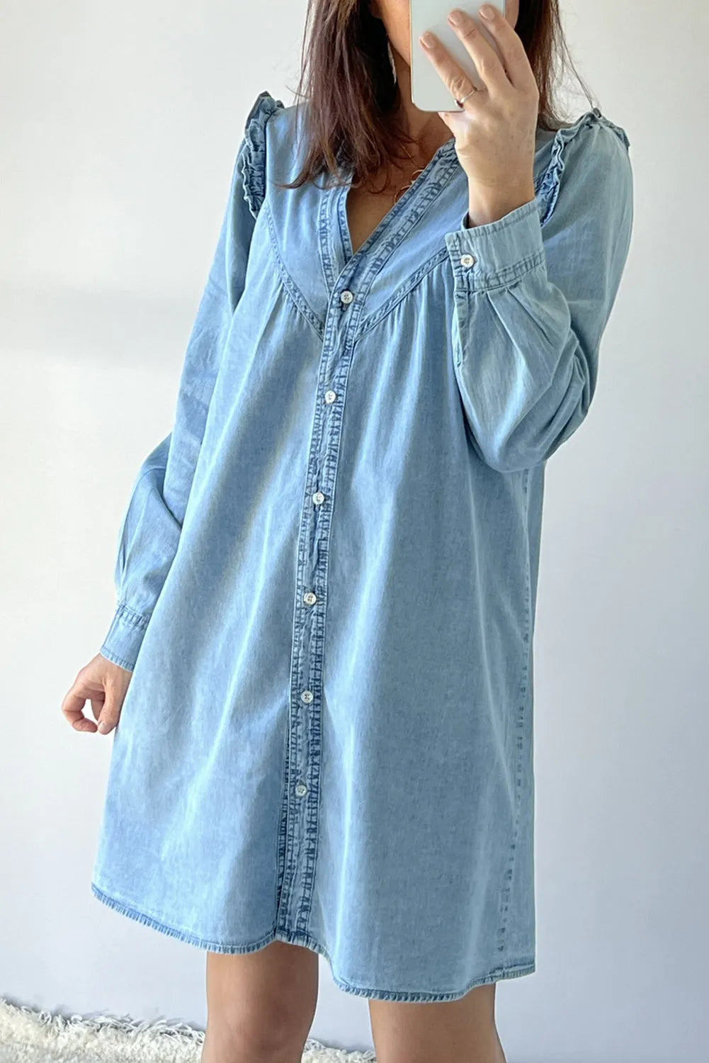 Myosotis Ruffled V Neck Buttoned Shift Denim Dress - Chic Meadow Boutique 