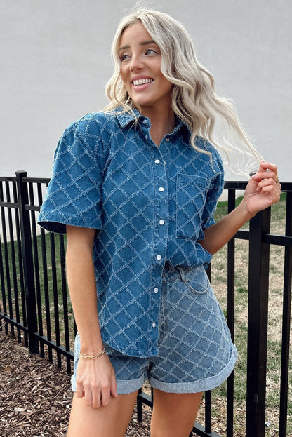 Dusk Blue Checkered Textured Short Sleeve Patched Pocket Denim Shirt