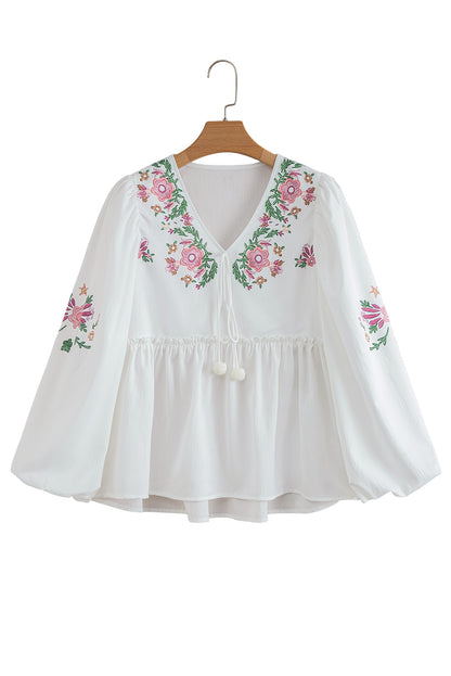 White Flower Lace-up V Neck Babydoll Blouse
