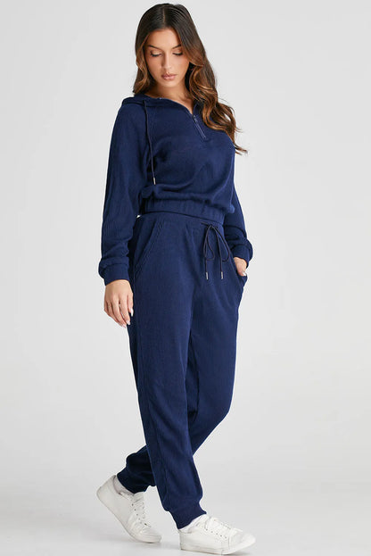 Navy Blue Ribbed Knit Cropped Hoodie and Drawstring Joggers Set - Chic Meadow Boutique 