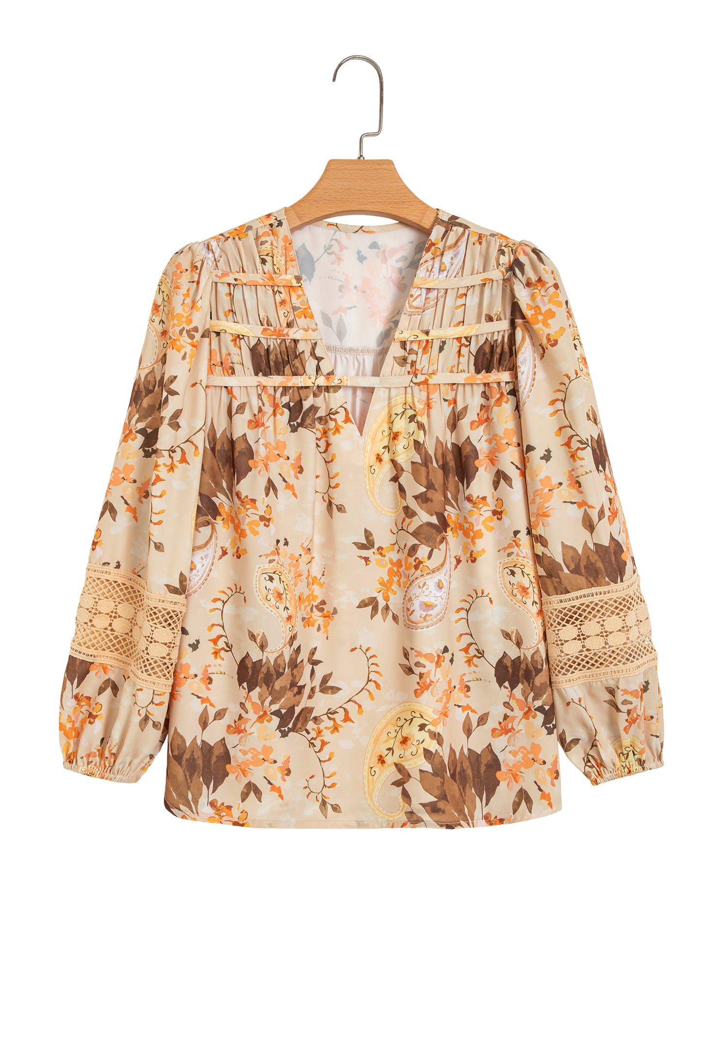 Khaki Paisley Print Decorative Binding Tape V Neck Shift Blouse