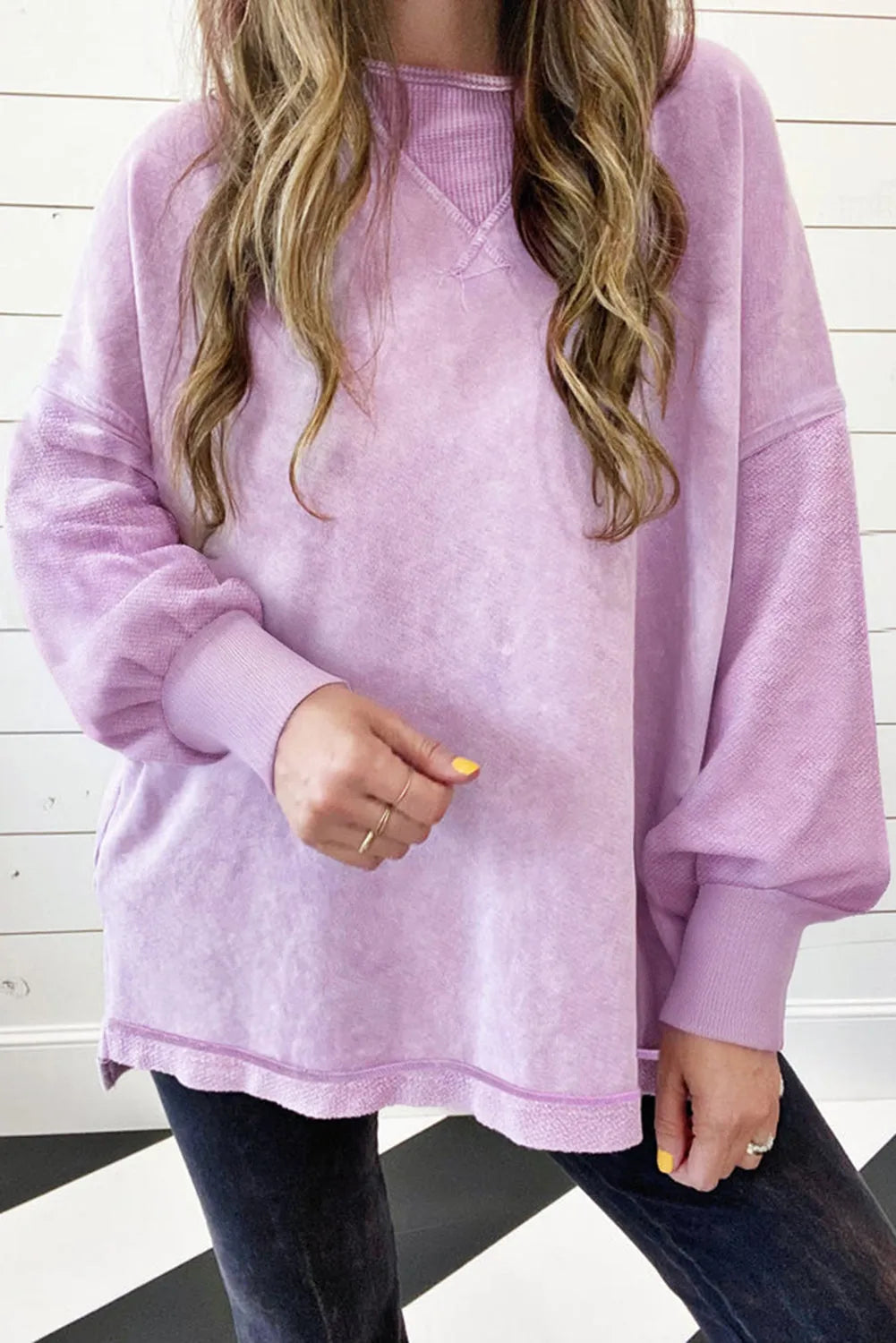 Orchid Petal Mineral Wash Drop Shoulder Pullover Sweatshirt - Chic Meadow Boutique 