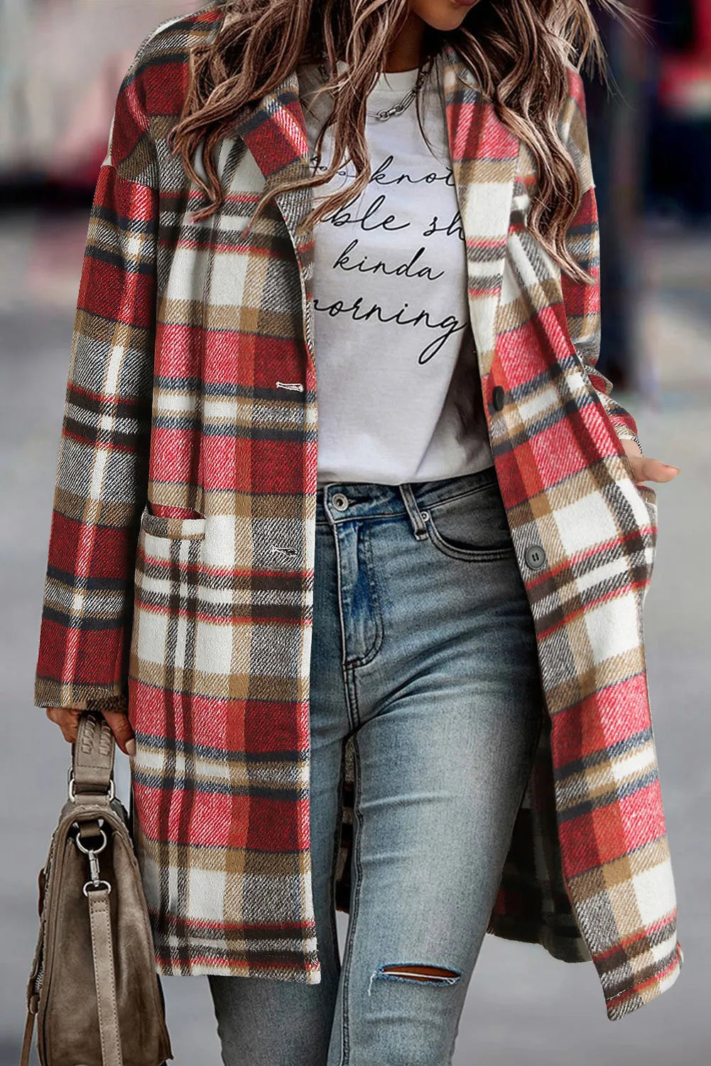 Fiery Red Plaid Button Up Lapel Jacket - Chic Meadow Boutique 