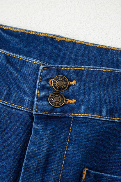 Sail Blue Hardware Decor Patched Pockets Wide Leg Denim Pants