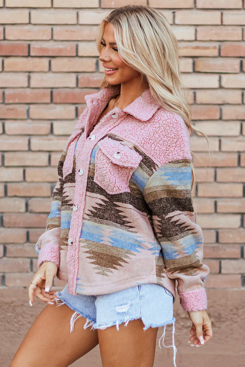 Pink Western Aztec Print Sherpa Splicing Buttoned Flap Pocket Coat - Chic Meadow Boutique 