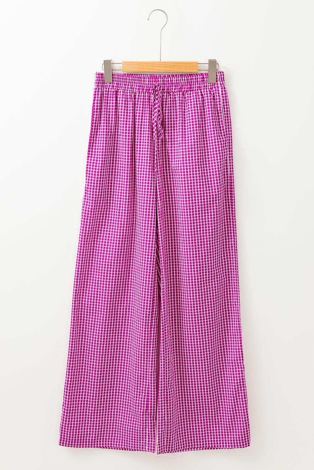 Bottoms/Pants & Culotte Pink Plaid Print Drawstring High Waist Wide Leg Casual Pants