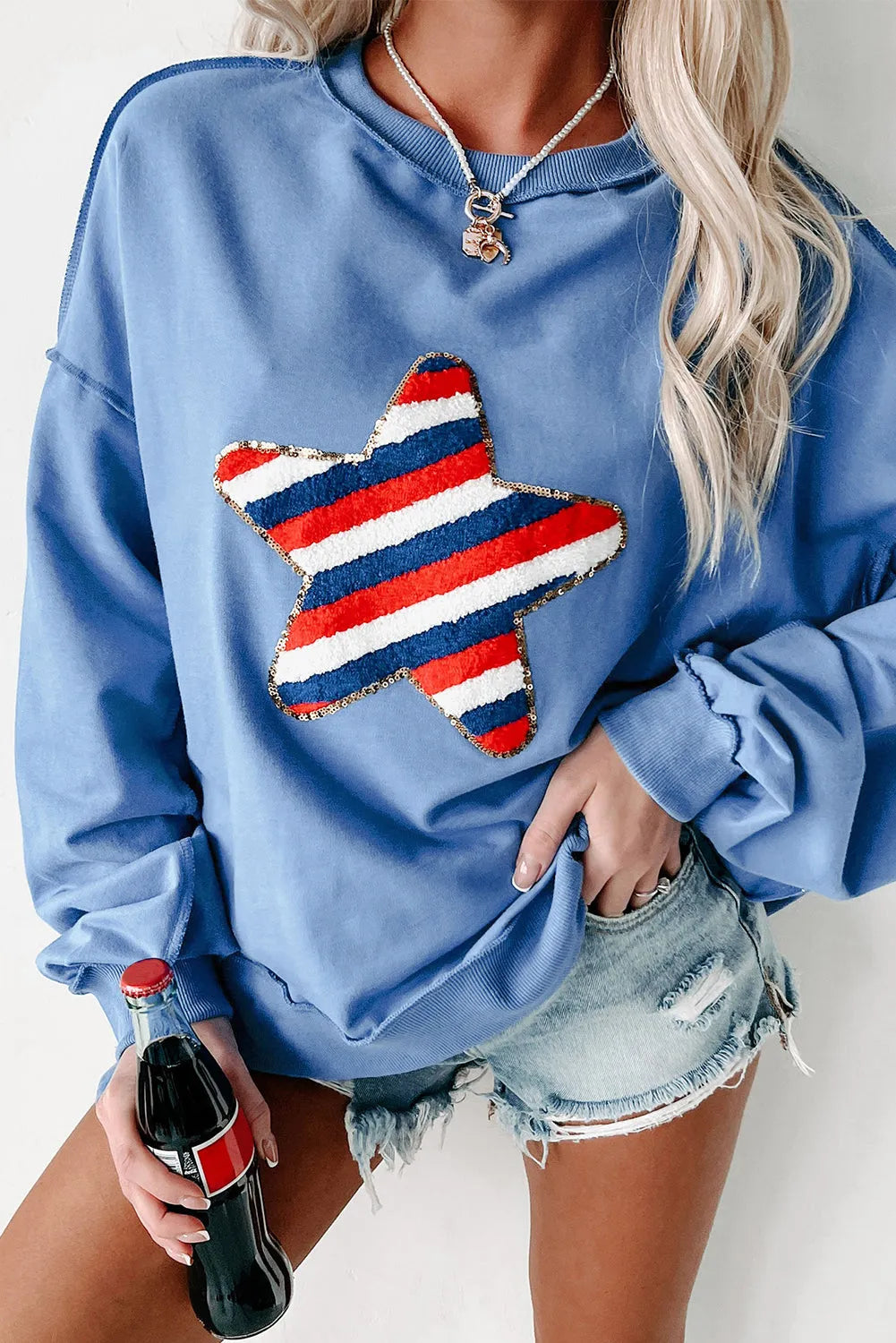 Sky Blue Sequin Trim Embroidered Star USA Pattern Sweatshirt - Chic Meadow Boutique 