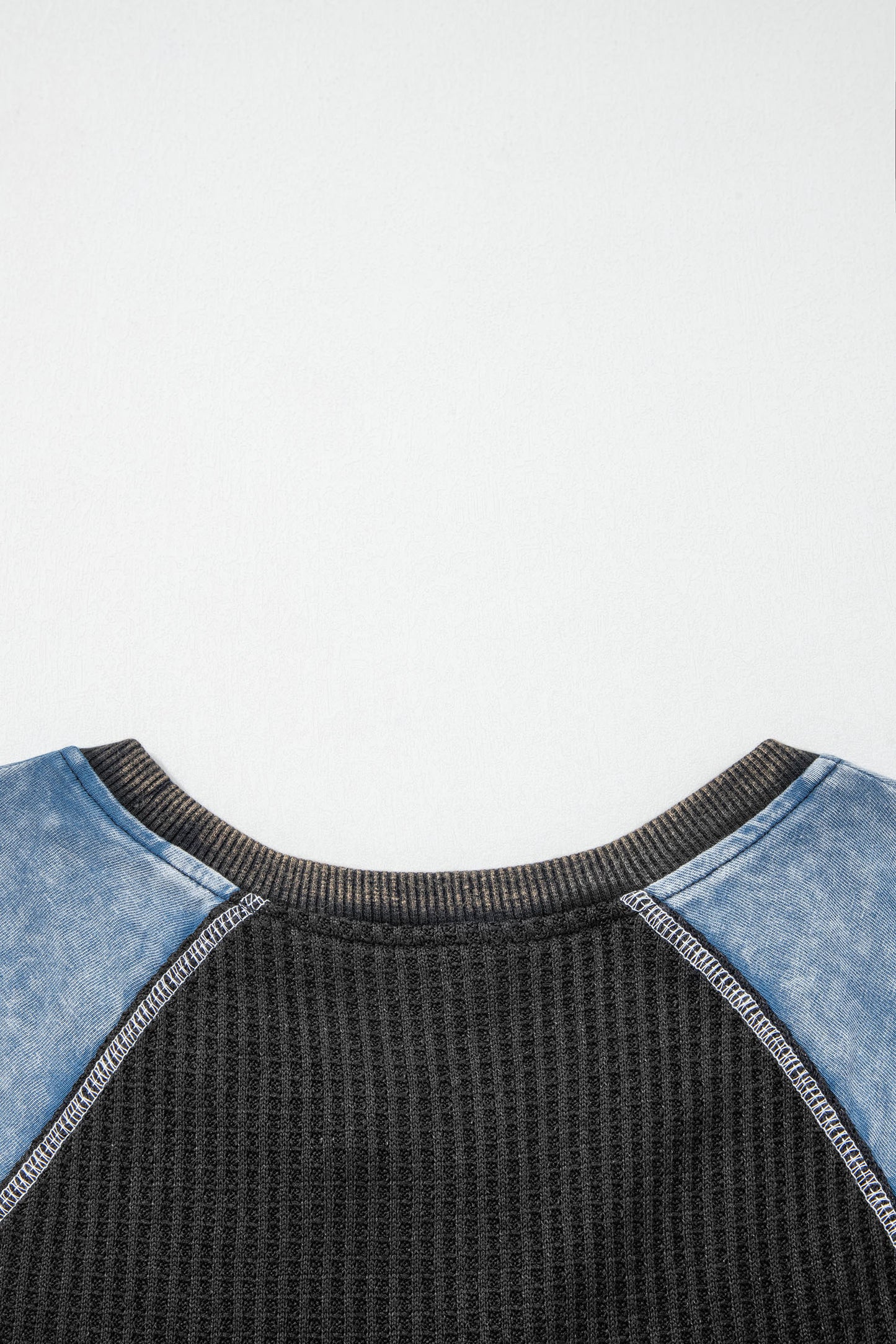 Carbon Grey Waffle Knit Seam Detail Color Block Patchwork Short Sleeve Top