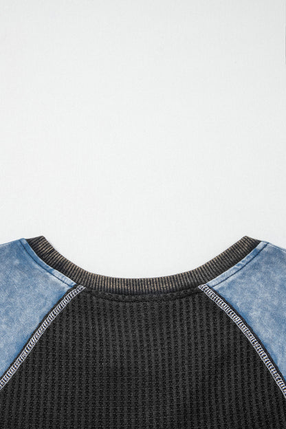 Carbon Grey Waffle Knit Seam Detail Color Block Patchwork Short Sleeve Top