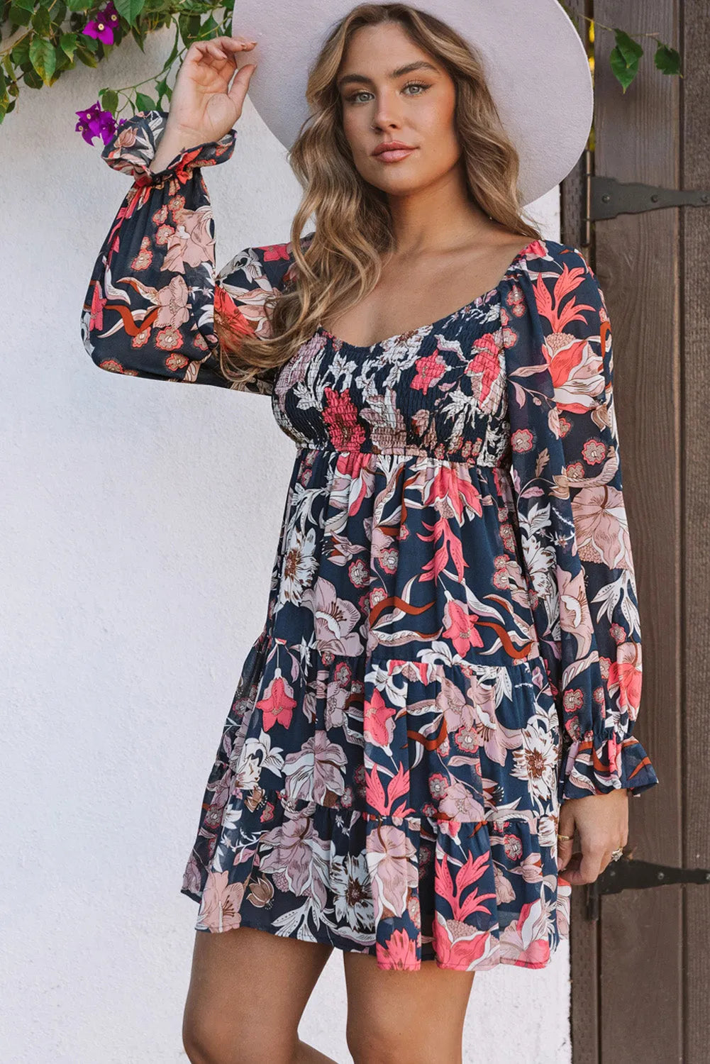 Blue Floral Tiered Long Puff Sleeve Mini Dress - Chic Meadow Boutique 